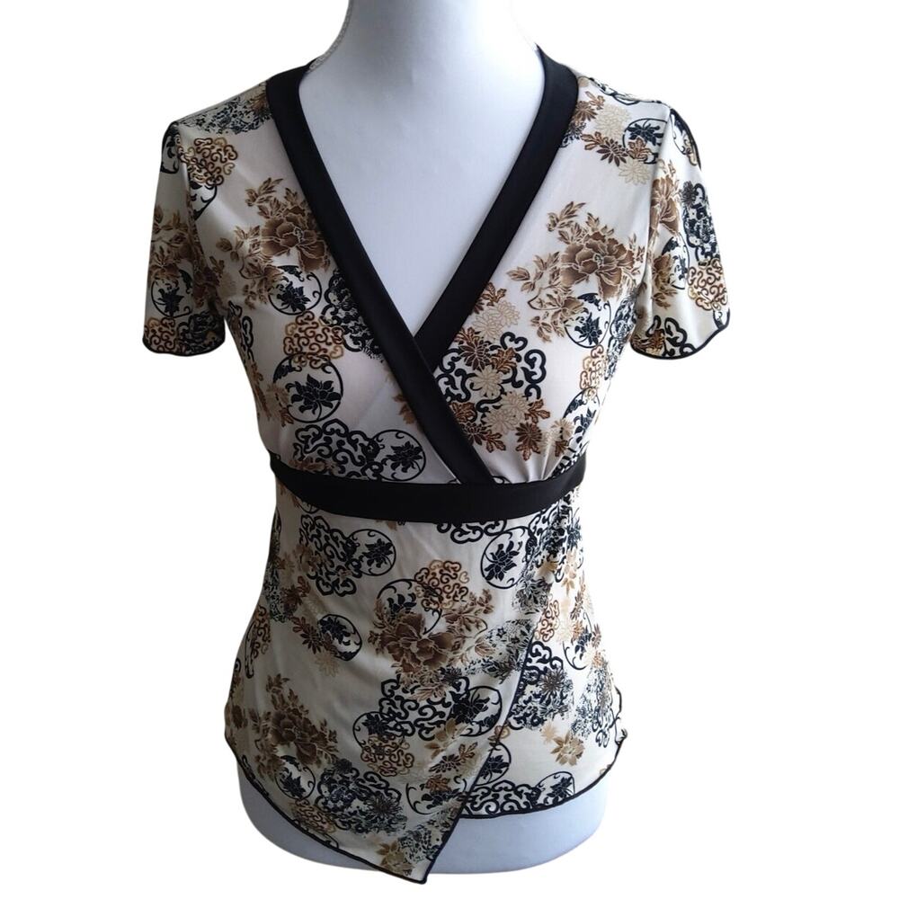 Vtg Y2K Byline Byer Babydoll Tie Back Top Sz S Empire Stretch Retro Neutrals